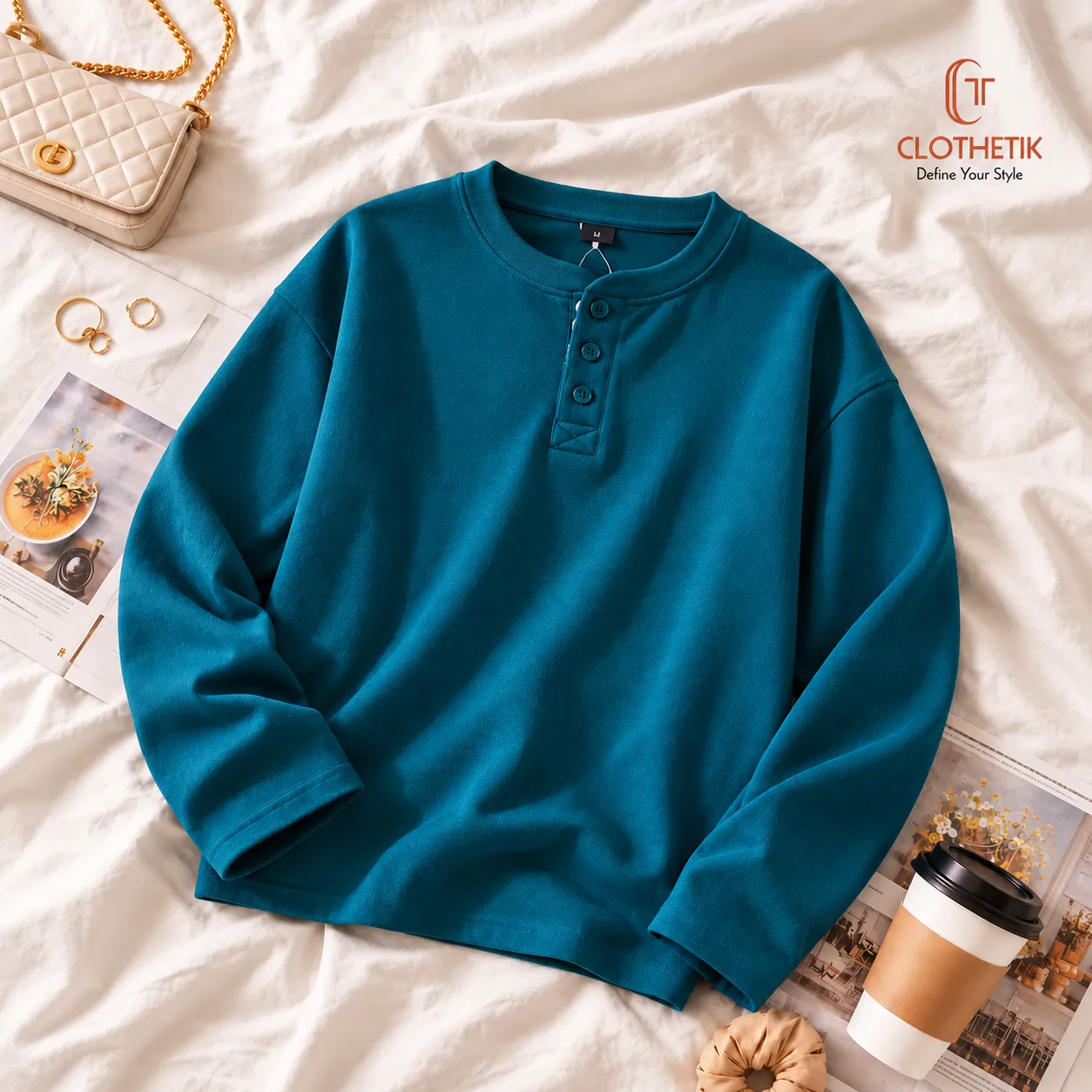 Henley Longsleeve Sweatshirt - Teal Blue