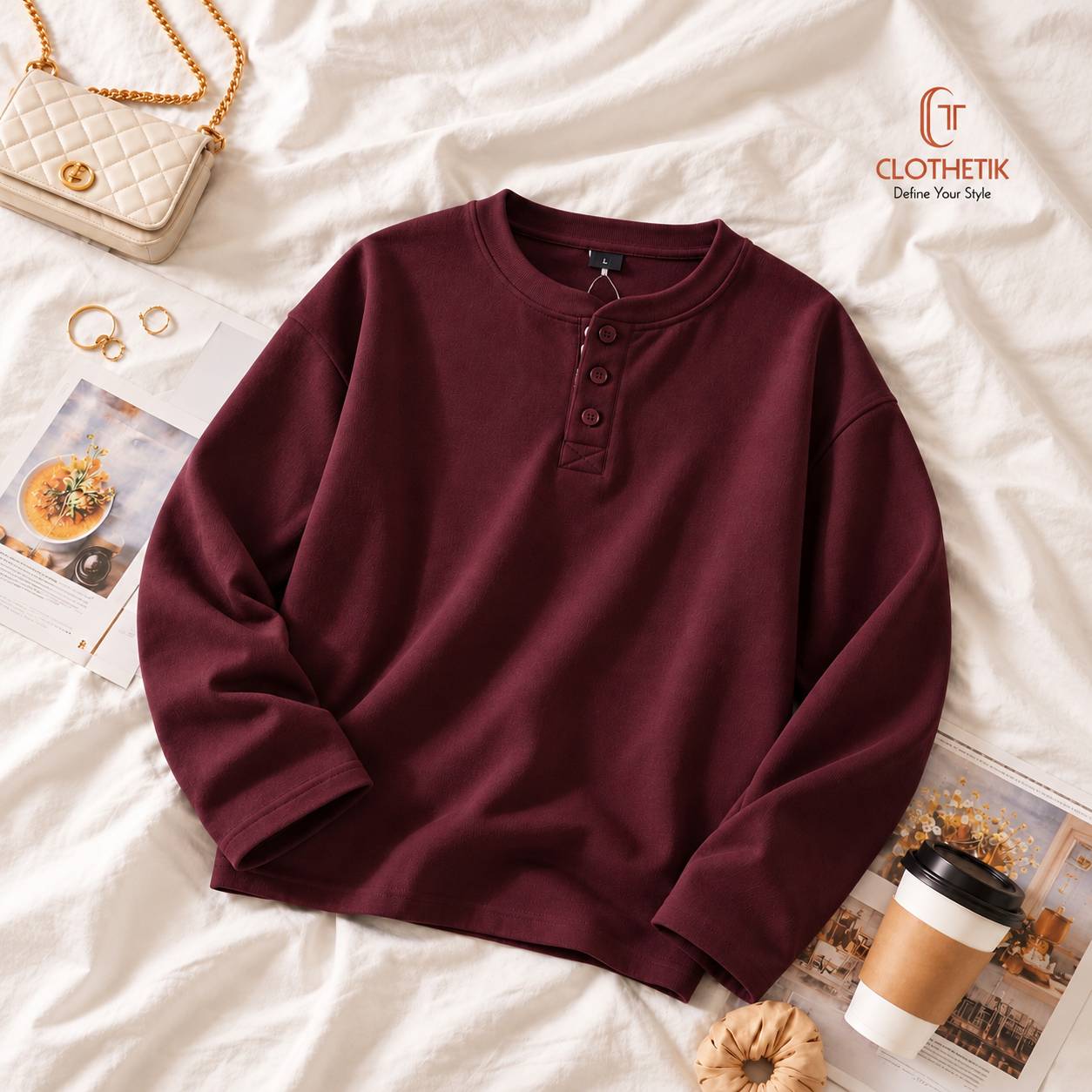 Henley Longsleeve Sweatshirt - Burgundy 
